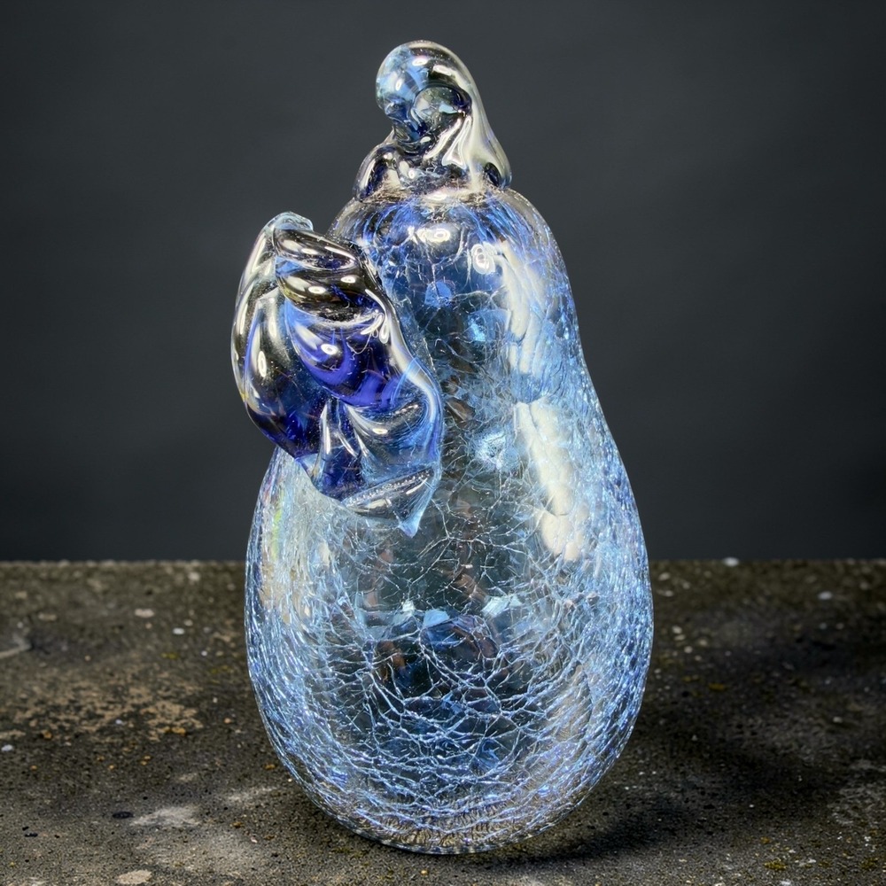 Vintage Blown Art‎ Glass Pear Figurine Blue Crackle Glass Paperweight with Leaf